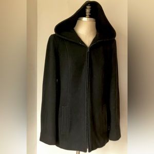 ANN KLEIN 100% wool hooded zipper jacket lined pockets black M minimal  CL3